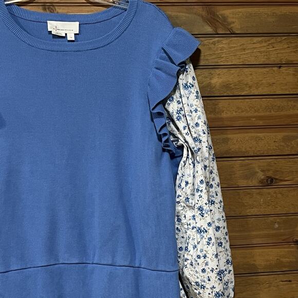 By Anthropologie Flutter Sleeve Layered Sweater Blue Floral Women’s Size 1X Boho - Picture 3 of 14